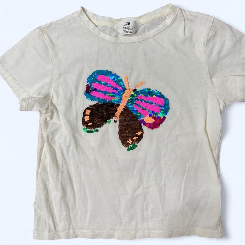 H&M Cream Short Sleeve butterfly Sequin Tee NEW